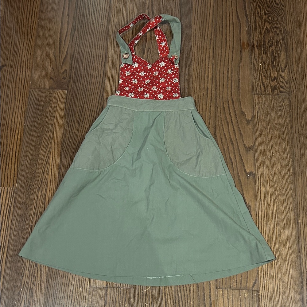 Vtg the strawberry plant green calico red jumper pinafore cottage core dress XS-